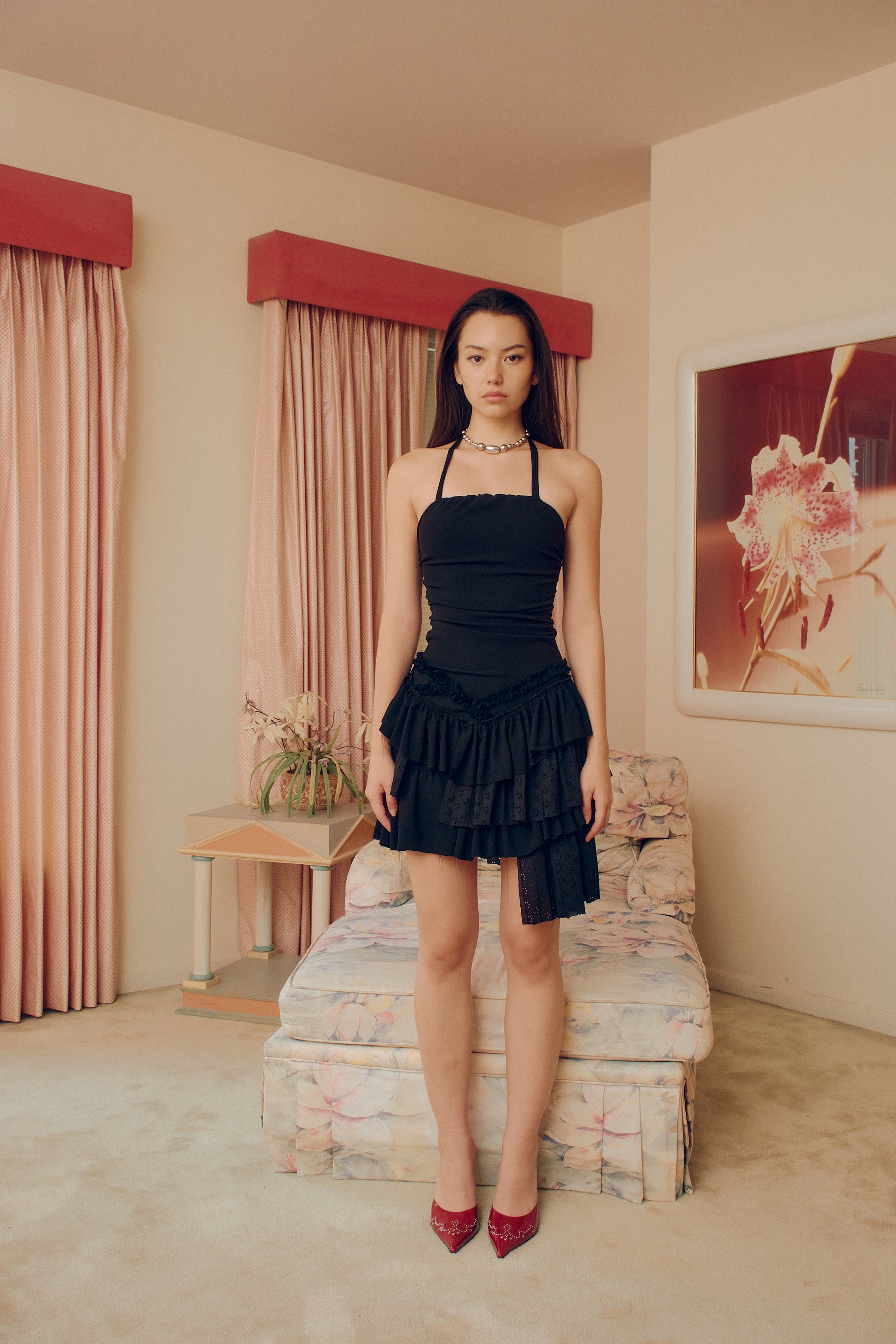 Deep Luv Halter Dress - a stunning, yet comfortable & playful dress that combines spandex and cotton eyeleted fabric to create a voluminous and flattering silhouette. This one-of-a-kind dress is perfect for any occasion, adding an effortless touch of elegance to your outfit.