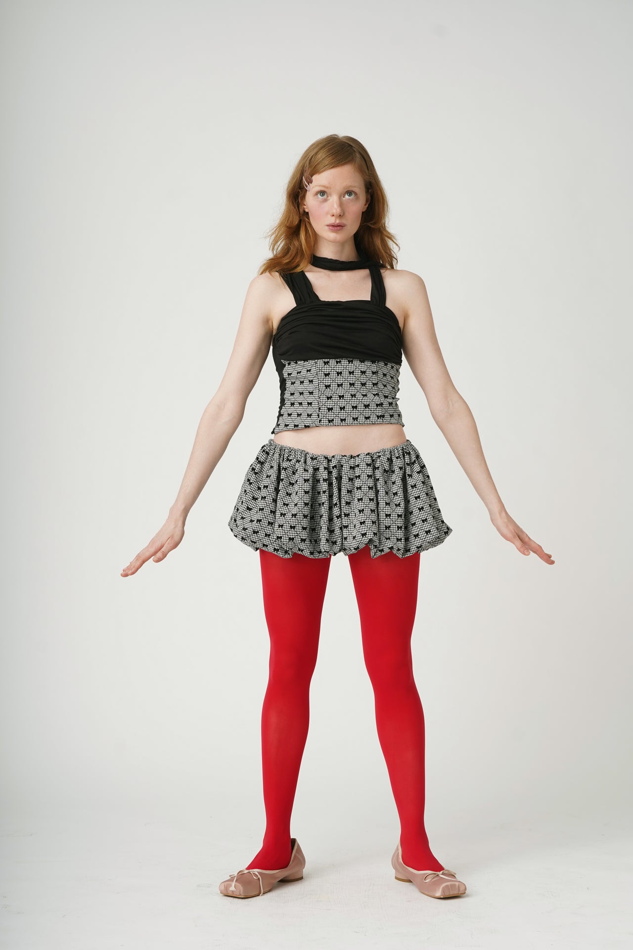 One shoulder Gift Wrap Gingham top is made with very soft jersey knit with attached long scarf that can be tied around the shoulder and neck in versatile ways. The gingham fabric has small cute velvet printed ribbons. 