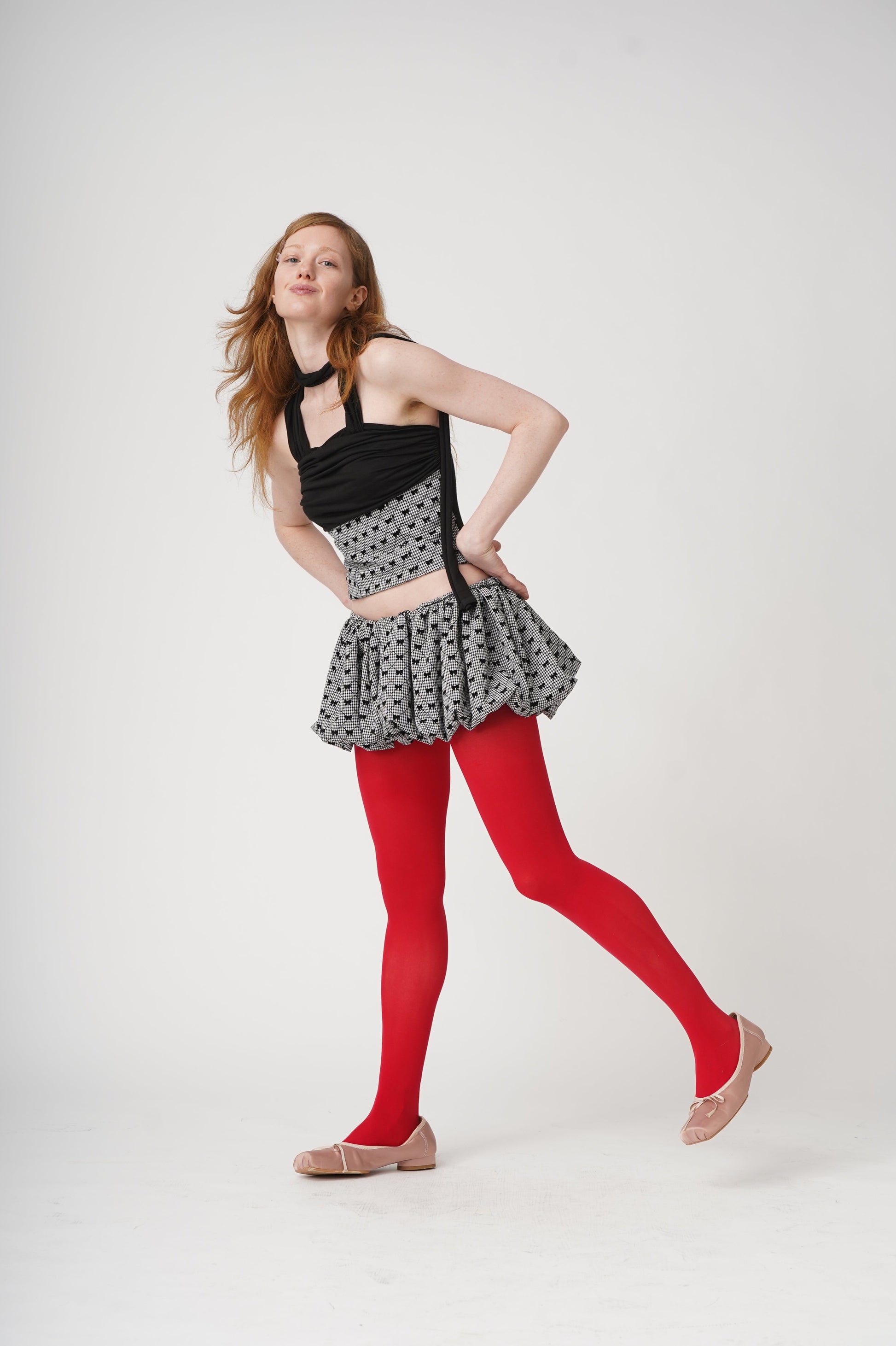 One shoulder Gift Wrap Gingham top is made with very soft jersey knit with attached long scarf that can be tied around the shoulder and neck in versatile ways. The gingham fabric has small cute velvet printed ribbons. 