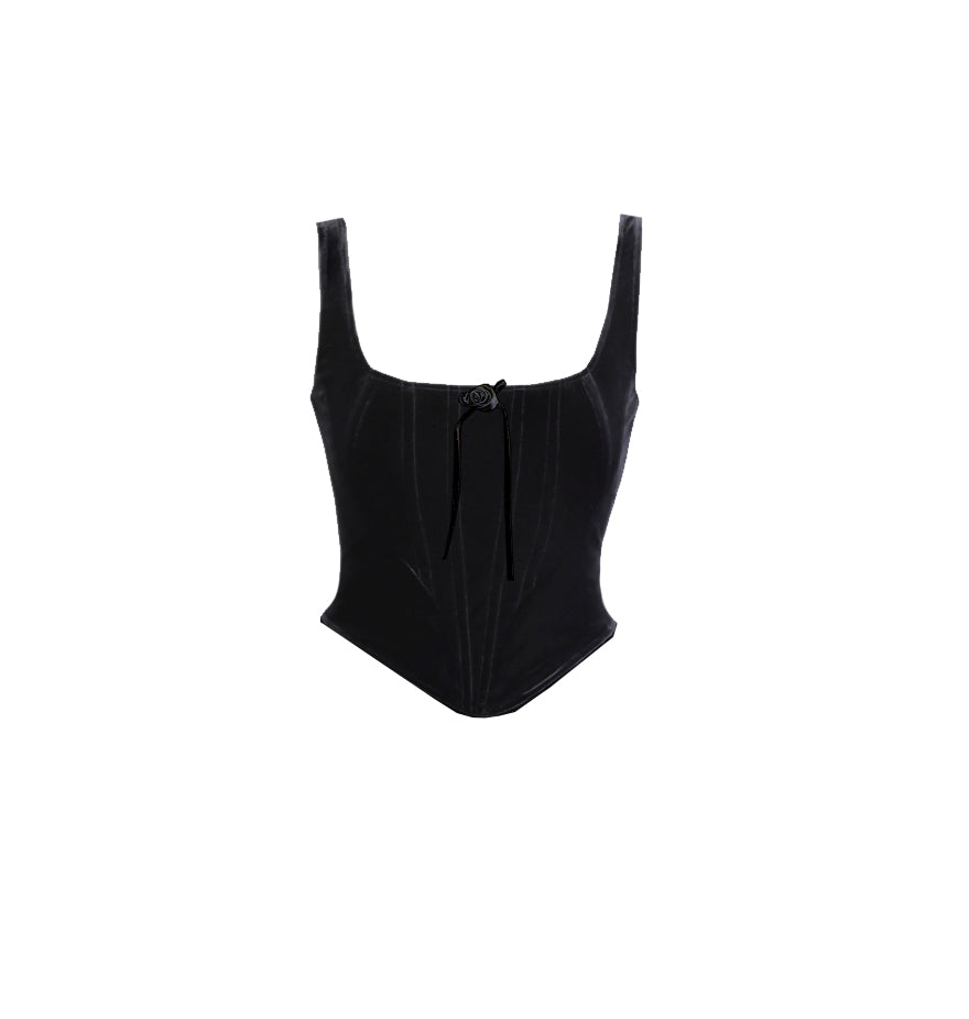 The fairytale doesn’t end at midnight with this fully lined corset top that has a velvet construction with satin center rose and velvet lace detail, an square neck design, and a back center closure.