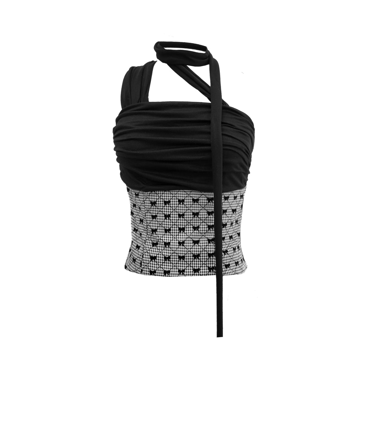 One shoulder Gift Wrap Gingham top is made with very soft jersey knit with attached long scarf that can be tied around the shoulder and neck in versatile ways. The gingham fabric has small cute velvet printed ribbons. 