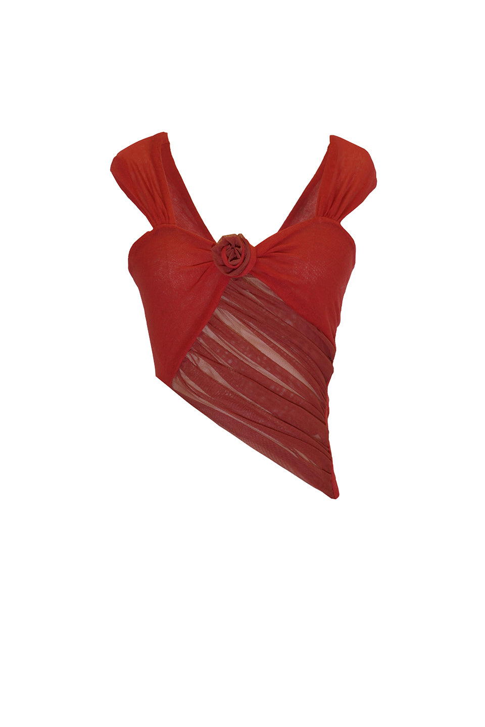 The Red Talk mesh flower asymmetric top adds an effortless yet bold and iconic touch to your wardrobe. The center rosette decorations provide an elegant focal point.