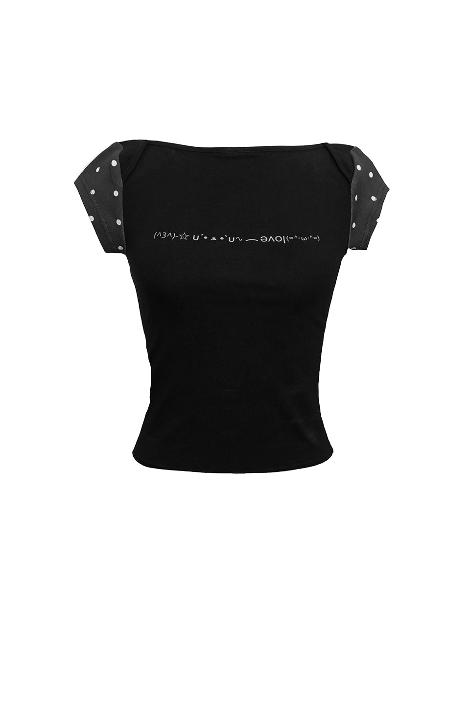 Get ready to feel cute and confident in our Pre-Order boat neck Polkadot Crop Top Black! This adorable cotton crop top features a fun emoji text print on the front and playful polkadot sleeves. You won't want to miss out on this must-have top that will make you stand out in a crowd!