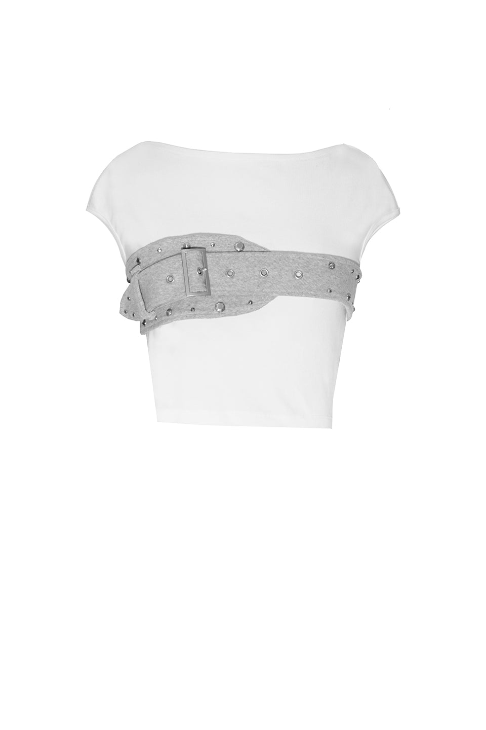 This white crop top exudes effortless sophistication with a modern edge. Made from a soft, stretchy fabric, it offers a flawless, comfortable fit. The standout feature is a sleek gray studded belt encircling the bust, adding a subtle touch of boldness. The adjustable belt ensures a perfect fit, elevating the silhouette with a refined, contemporary edge. Versatile and chic, pair it with high-waisted trousers, skirts, or a blazer for an understated, elegant look. A must-have for those who dare to stand out.