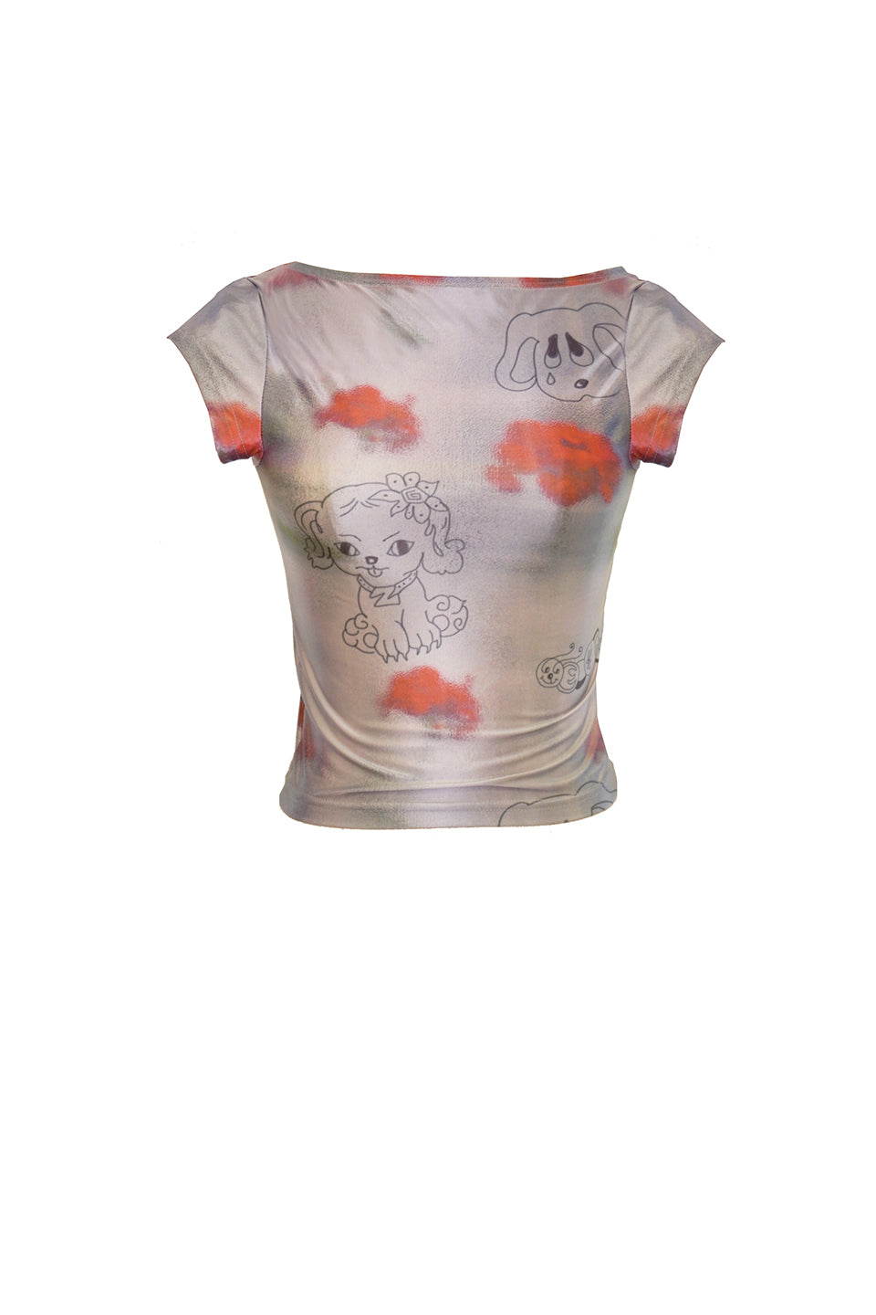 Featuring an iconic crying dog print with red flower, this stretchy soft sheen baby crop top is the must-have item for adding a unique style to your spring and summer wardrobe.
