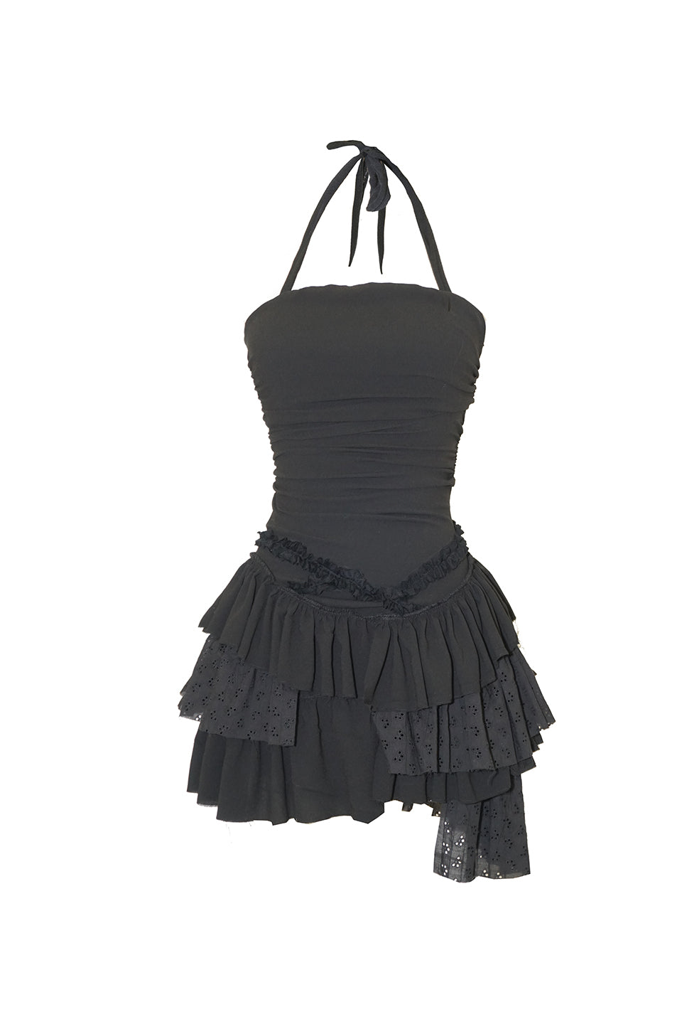 Deep Luv Halter Dress - a stunning, yet comfortable & playful dress that combines spandex and cotton eyeleted fabric to create a voluminous and flattering silhouette. This one-of-a-kind dress is perfect for any occasion, adding an effortless touch of elegance to your outfit.