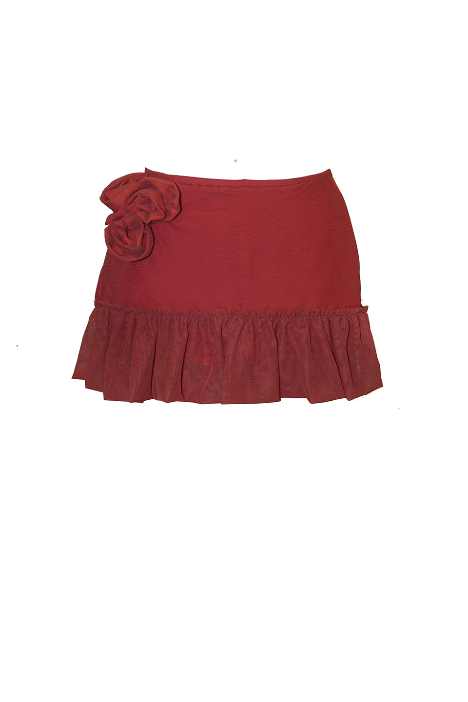 The Red Talk Flower Skirt Red features rosette decorations on the side and a mesh knit design for a chic and comfortable look.
