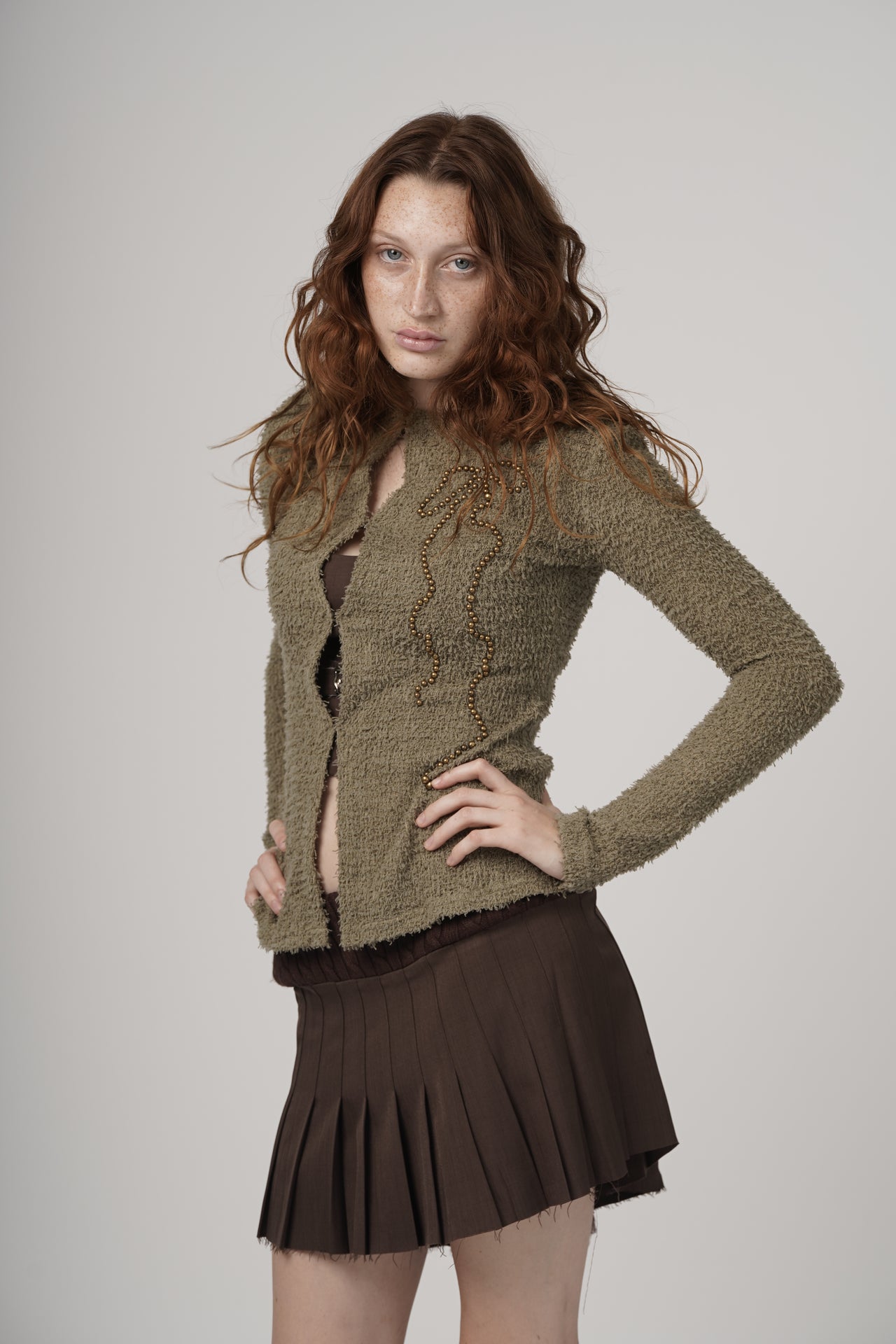 Ribbon Stud Olive Cardigan - Olive