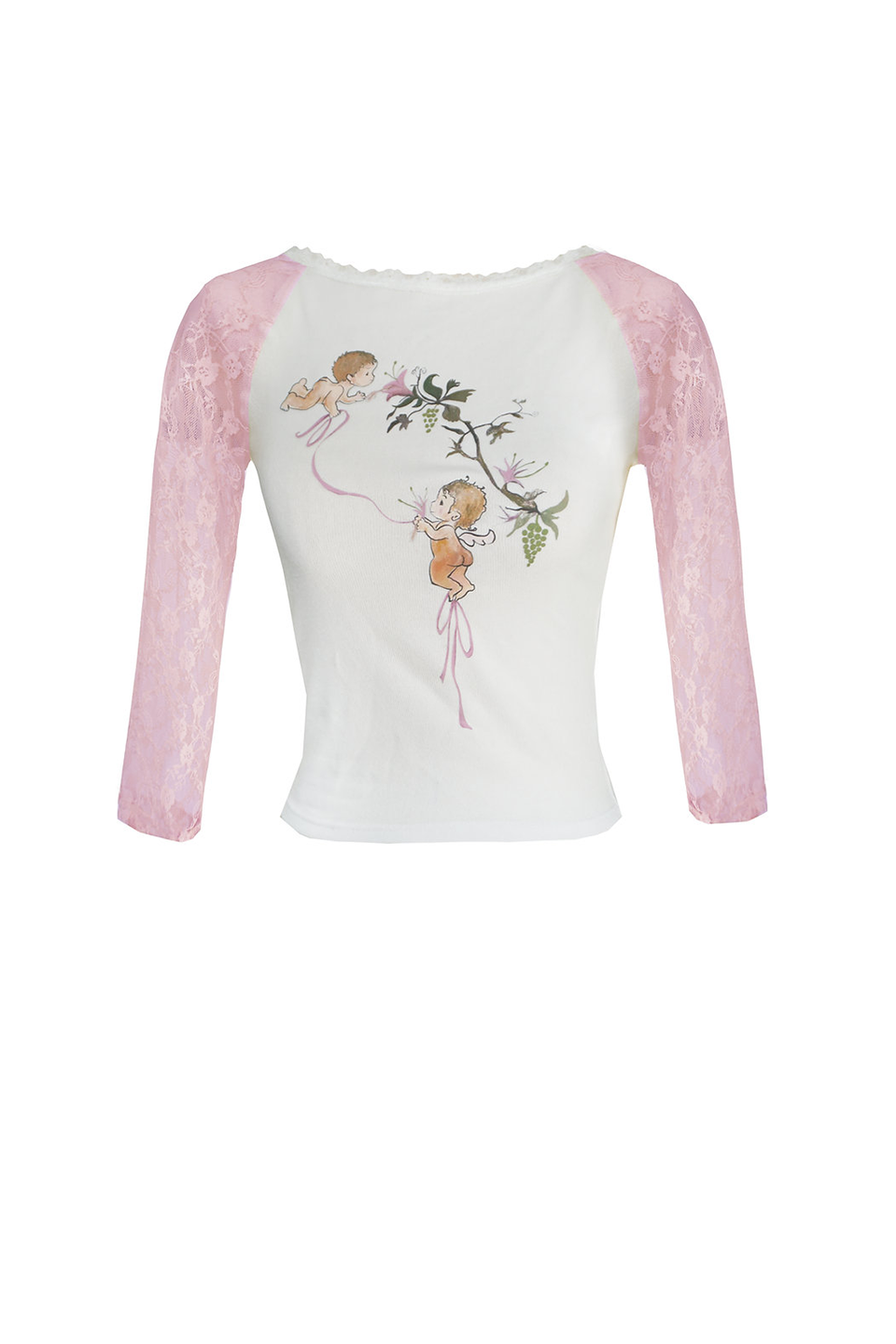 Cupid Print Lace Sleeve Top in Pink